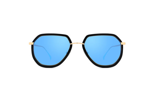 A pair of geometric sunglasses with a black frame, gold metal bridge and temples, and blue mirrored lenses, shown against a plain white background.