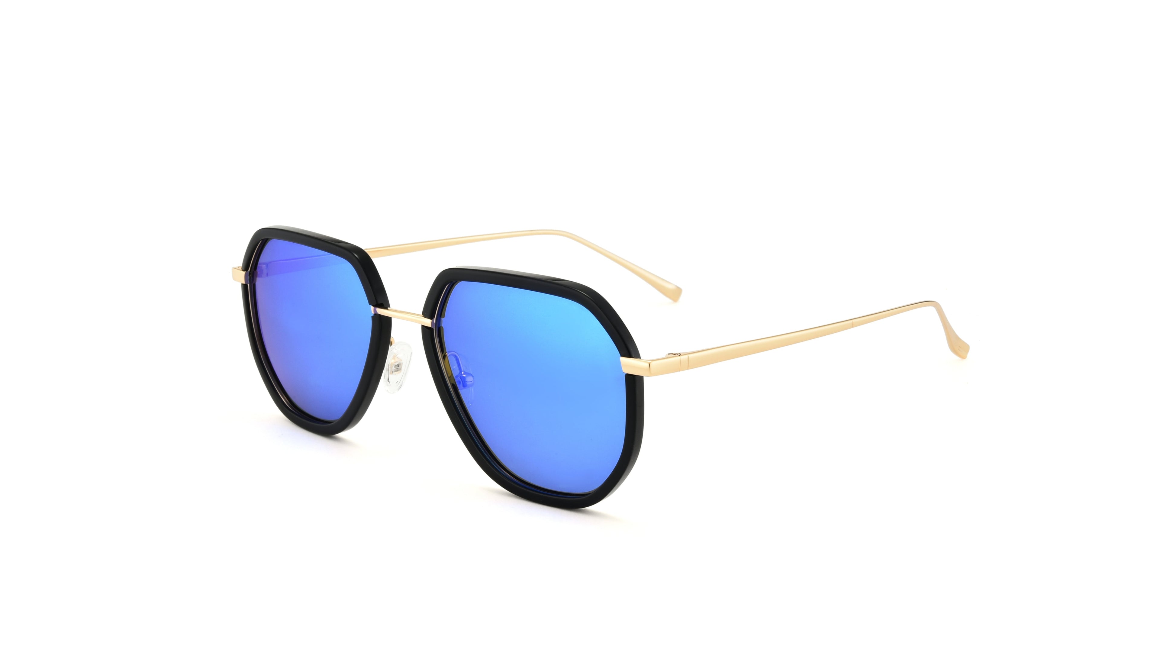 A pair of geometric sunglasses with blue mirrored lenses, black frames, and gold metal temples, shown on a plain white background.