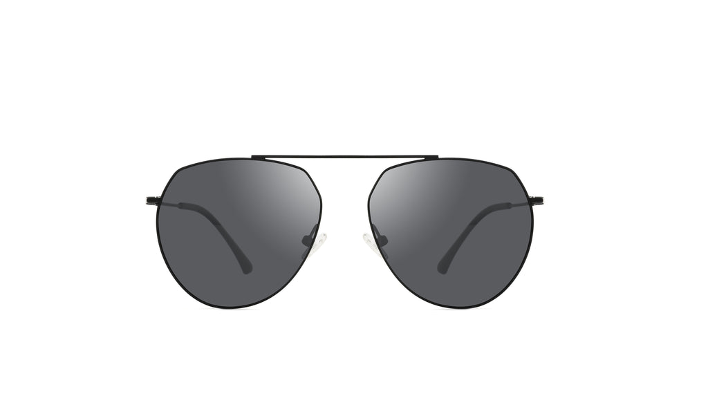 A pair of classic aviator sunglasses with a thin black metal frame and dark gray lenses, shown from the front on a solid white background.