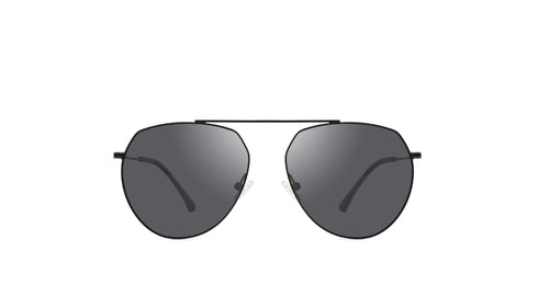 A pair of classic aviator sunglasses with a thin black metal frame and dark gray lenses, shown from the front on a solid white background.