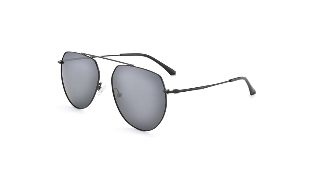 A pair of aviator-style sunglasses with a thin black metal frame and dark gray mirrored lenses, shown from a three-quarters angle on a solid white background.