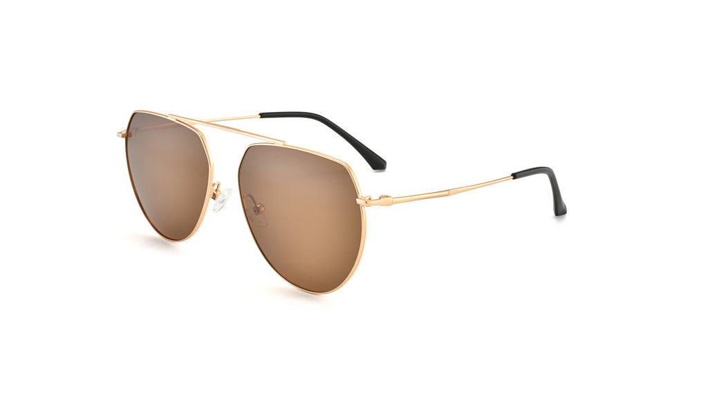 A pair of aviator-style sunglasses with a gold metal frame and brown mirrored lenses, shown on a plain white background.