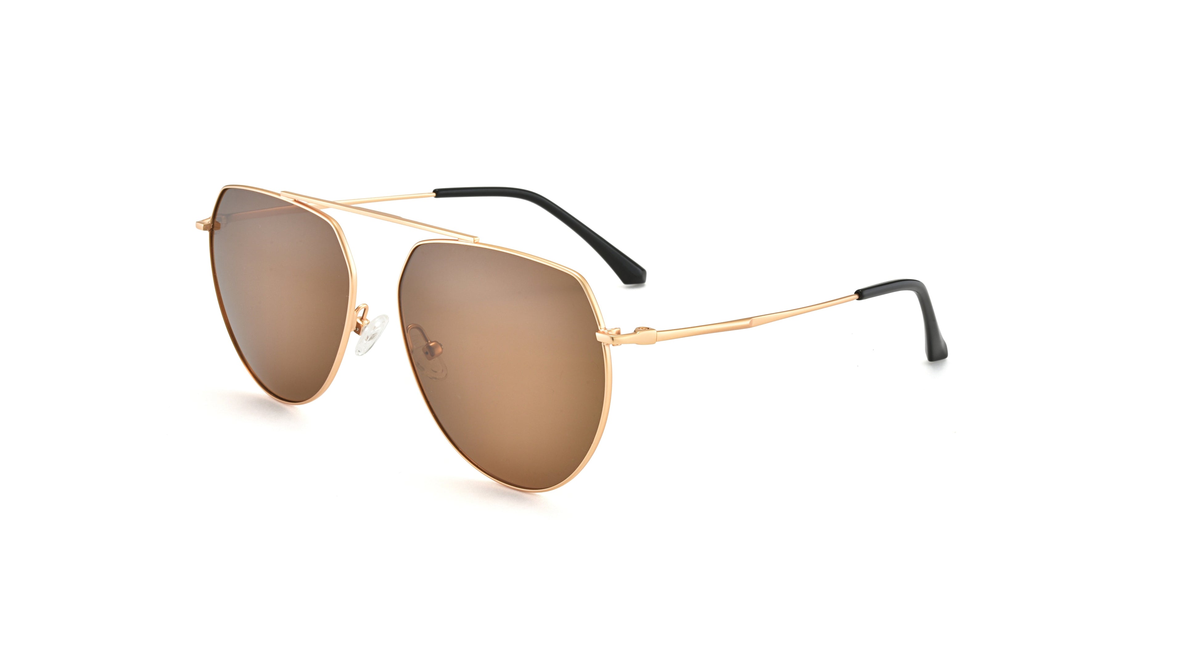 A pair of aviator-style sunglasses with a gold metal frame and brown mirrored lenses, shown on a plain white background.