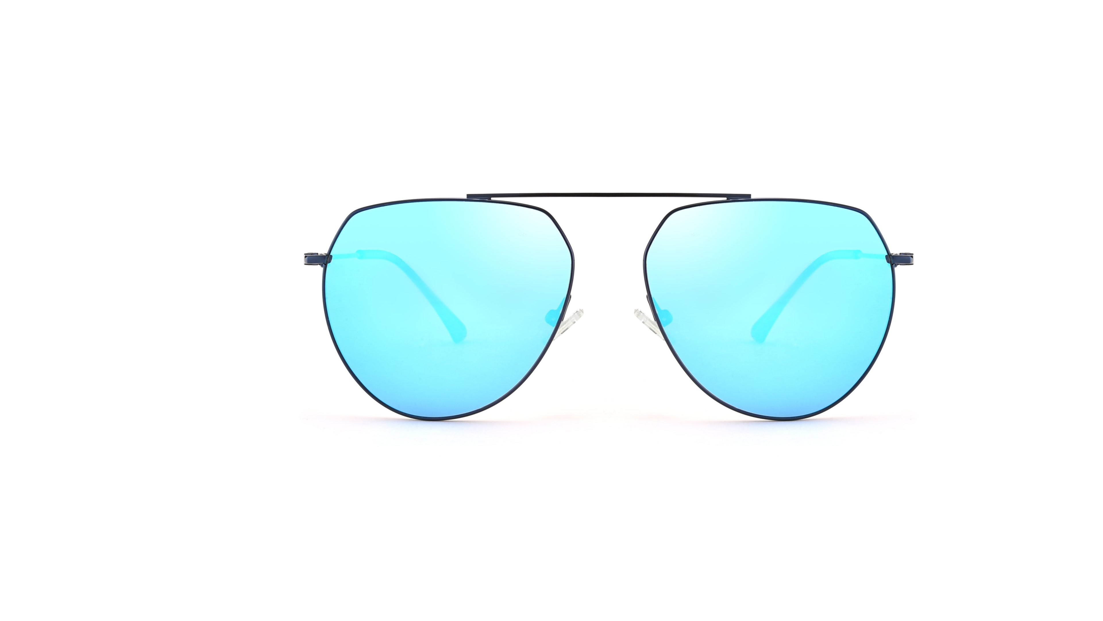 A pair of aviator-style sunglasses with a thin black metal frame and bright blue mirrored lenses, shown against a solid white background.