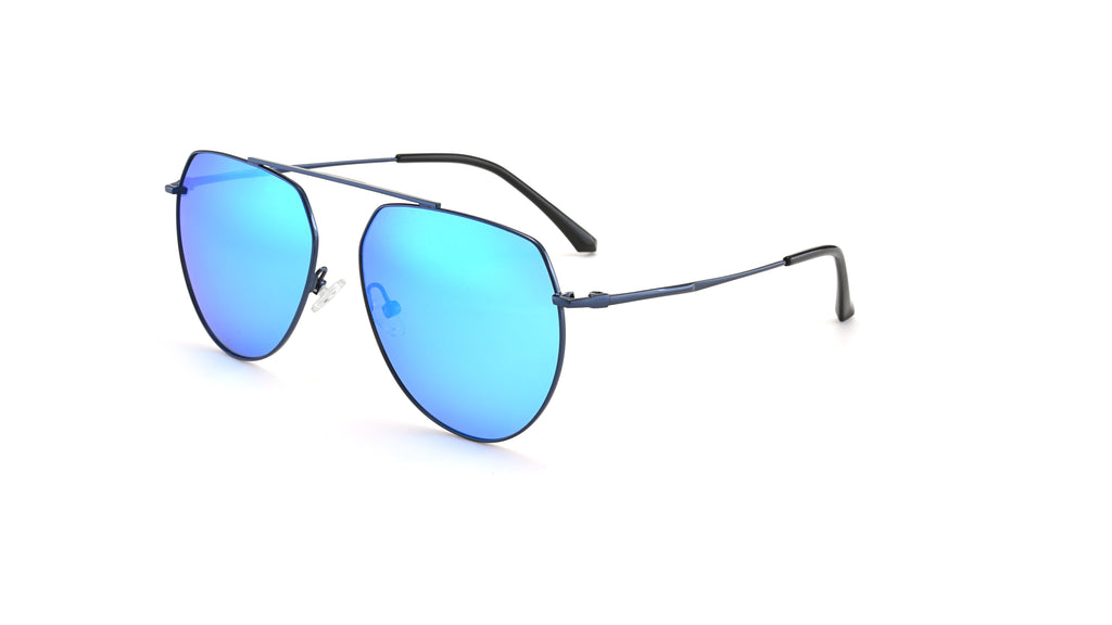 A pair of aviator-style sunglasses with blue mirrored lenses and a thin dark metal frame, shown on a plain white background.