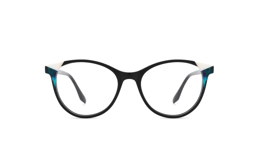 A pair of round cat-eye eyeglasses with a black frame and teal acetate temples, shown against a plain white background.