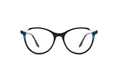 A pair of round cat-eye eyeglasses with a black frame and teal acetate temples, shown against a plain white background.