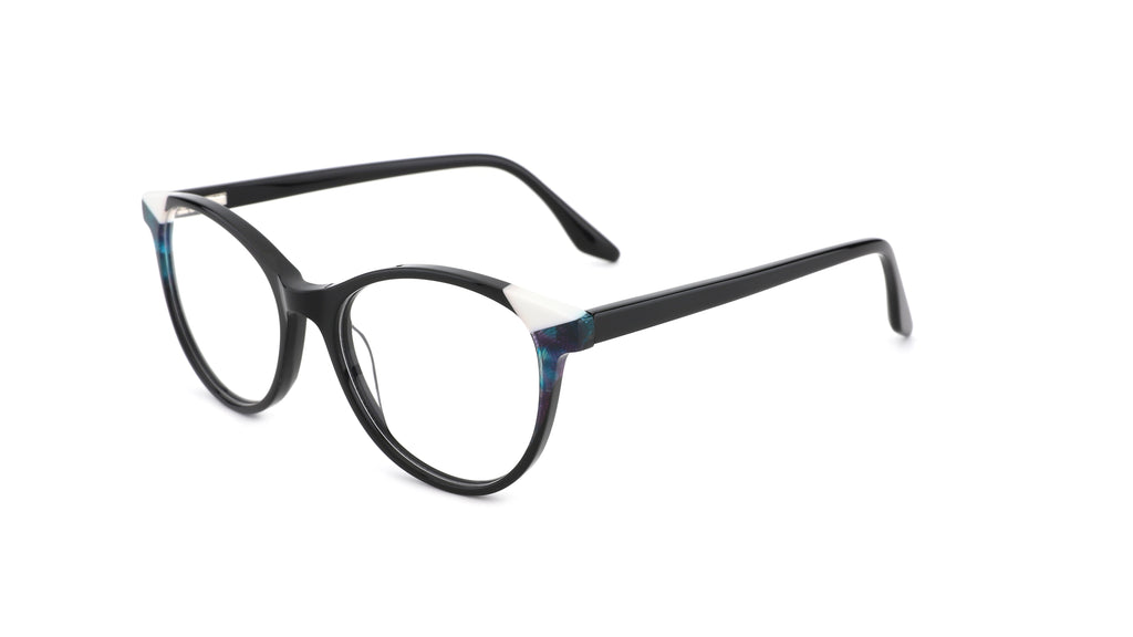 Black cat-eye eyeglasses with a glossy finish and subtle blue marbled accents on the temples, shown on a plain white background.