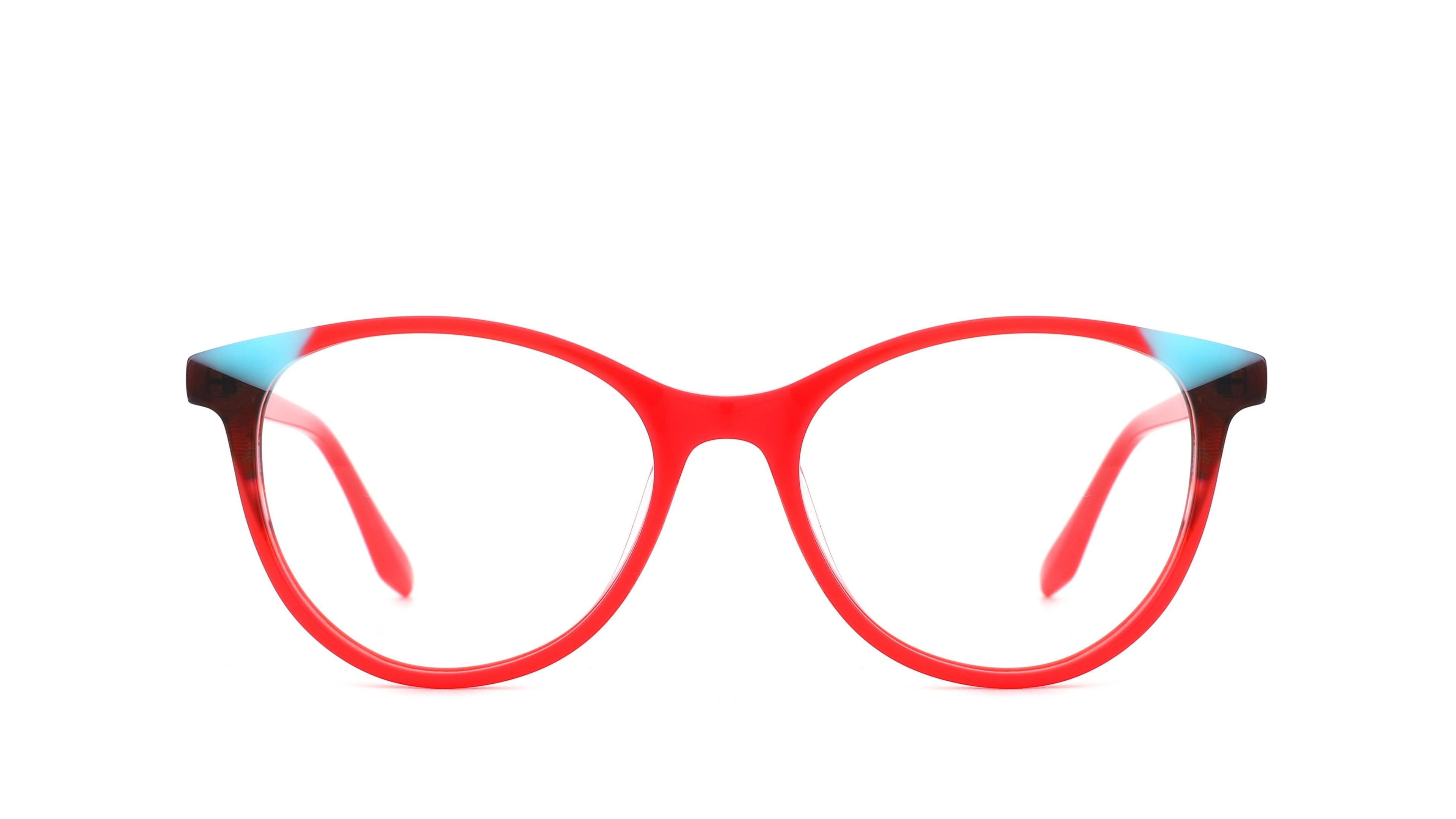 Red cat-eye eyeglasses with light blue temple tips, shown against a plain white background.