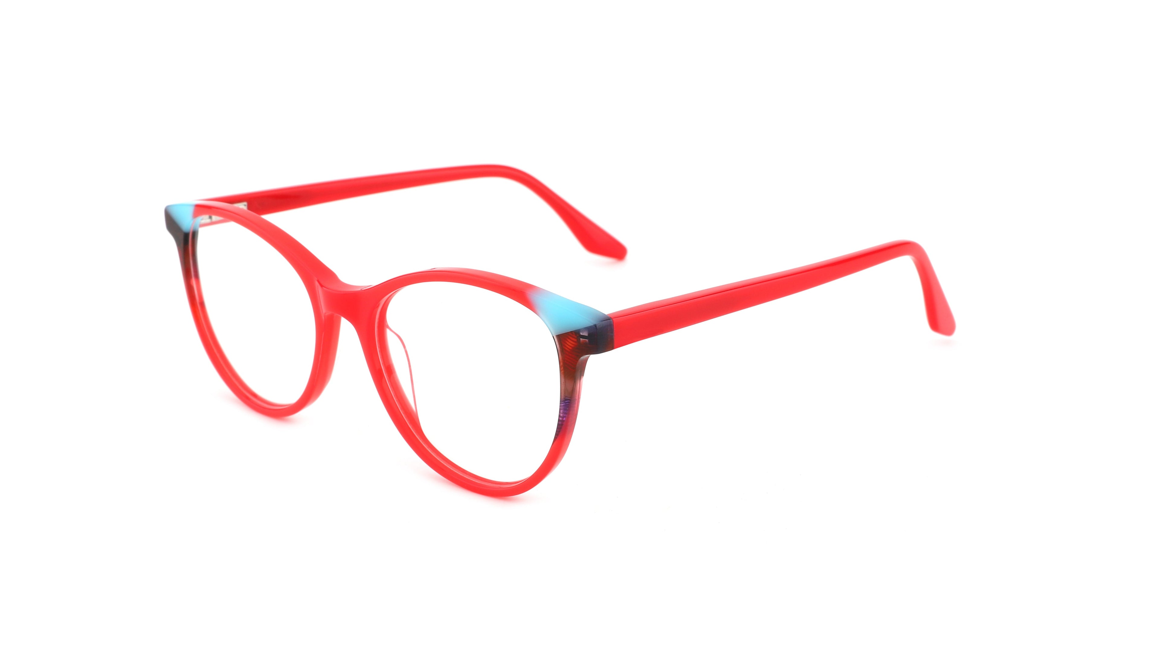 Red cat-eye eyeglasses with tortoiseshell-patterned hinges and light blue temple tips, shown on a plain white background.
