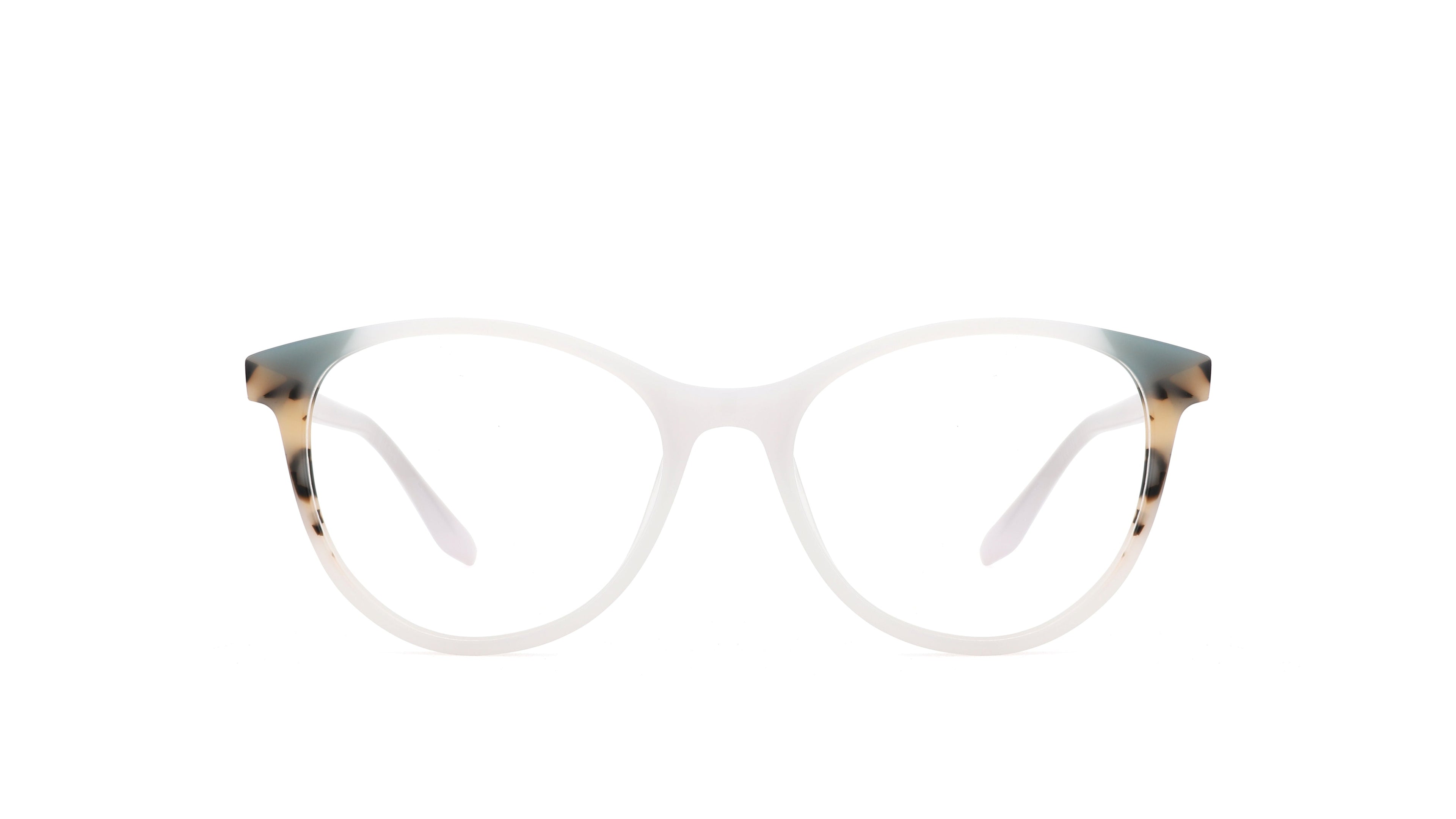 A pair of cat-eye eyeglasses with a translucent white frame and tortoiseshell temples, shown against a plain white background.