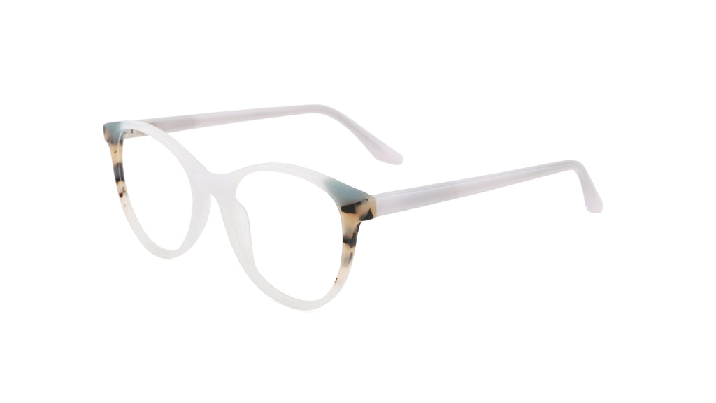 Oversized round eyeglasses with a translucent white frame and tortoiseshell-patterned temples in beige, brown, and muted blue, shown on a plain white background.