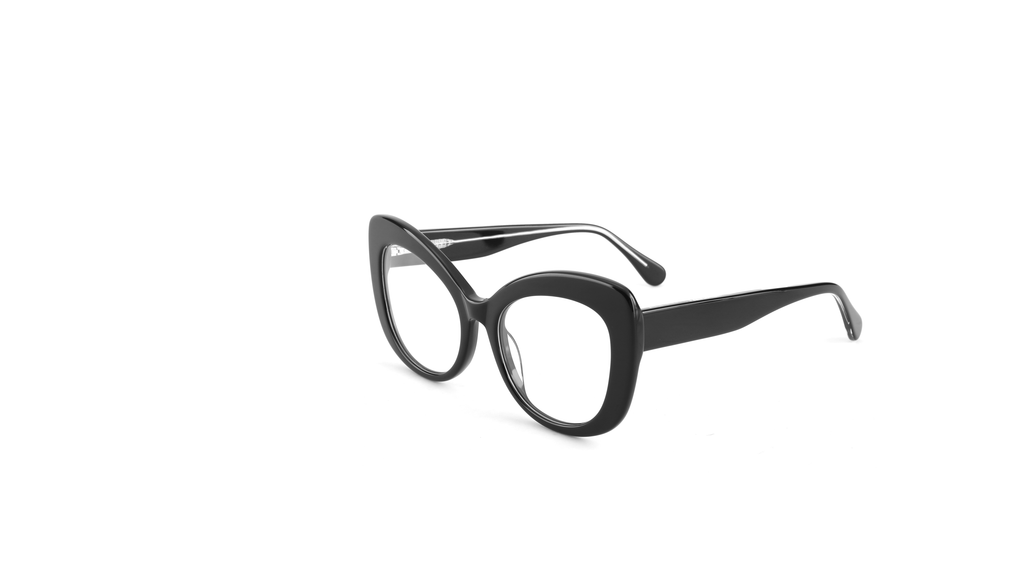 Black cat-eye eyeglasses with a glossy finish, shown at a three-quarter angle on a solid white background.