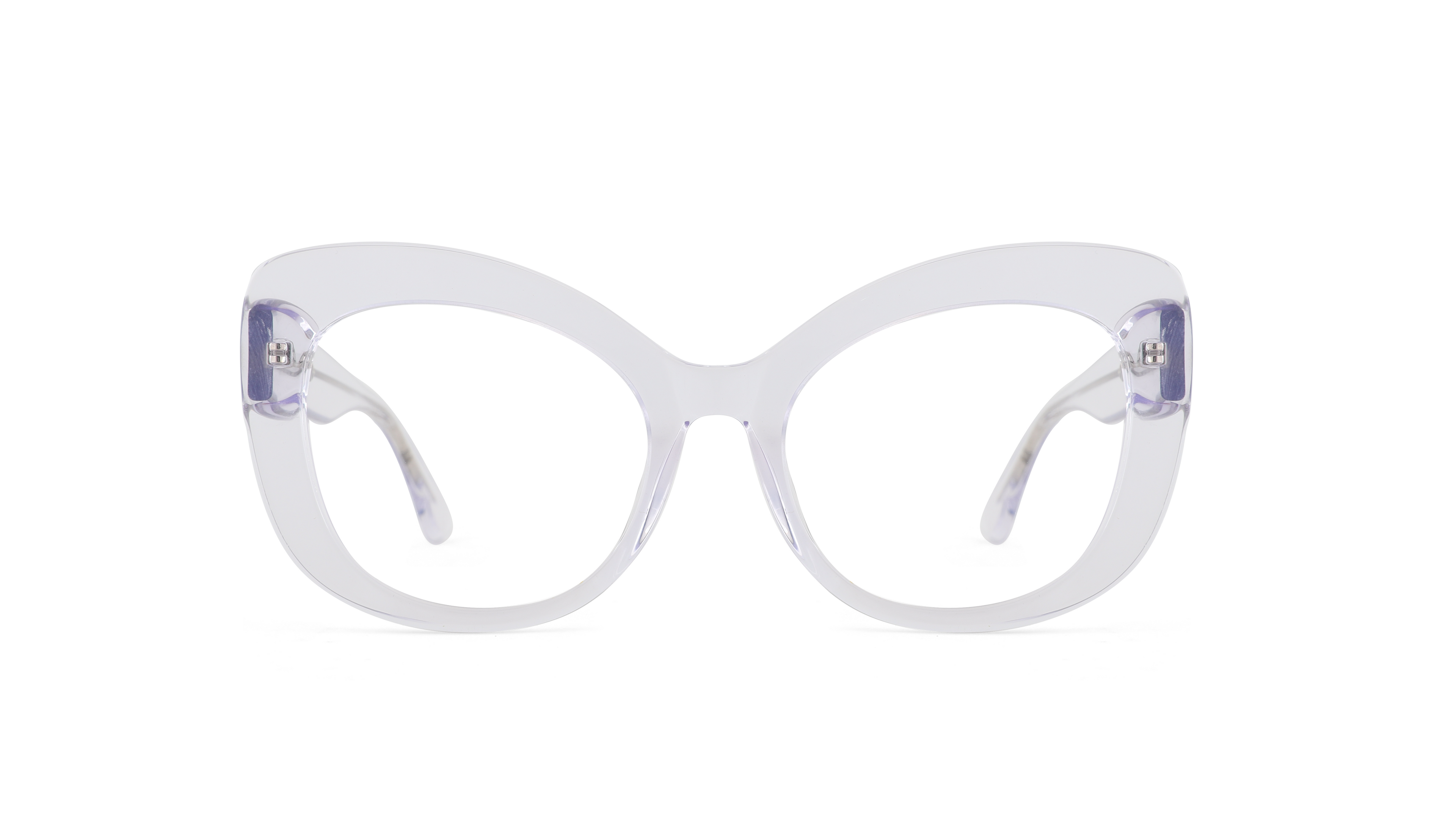 A pair of chunky, oversized cat-eye eyeglasses in translucent white acetate with light purple temple tips and small silver metal hardware, shown against a plain white background.