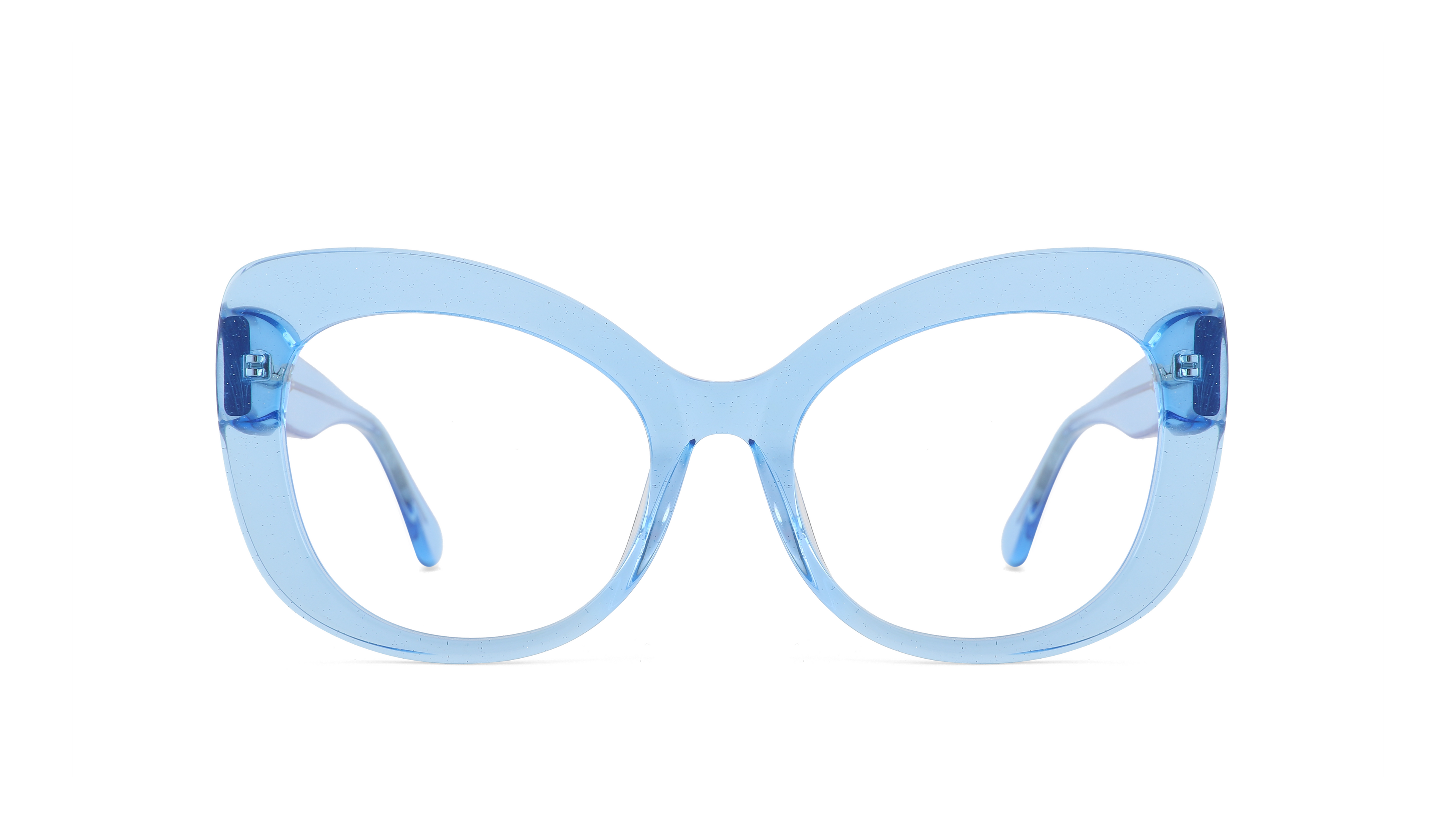 Light blue cat-eye eyeglasses with clear lenses, shown from the front on a solid white background.