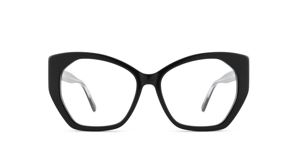 Black cat-eye eyeglass frames with clear lenses and light gray temple tips, shown against a plain white background.