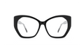 Black cat-eye eyeglass frames with clear lenses and light gray temple tips, shown against a plain white background.