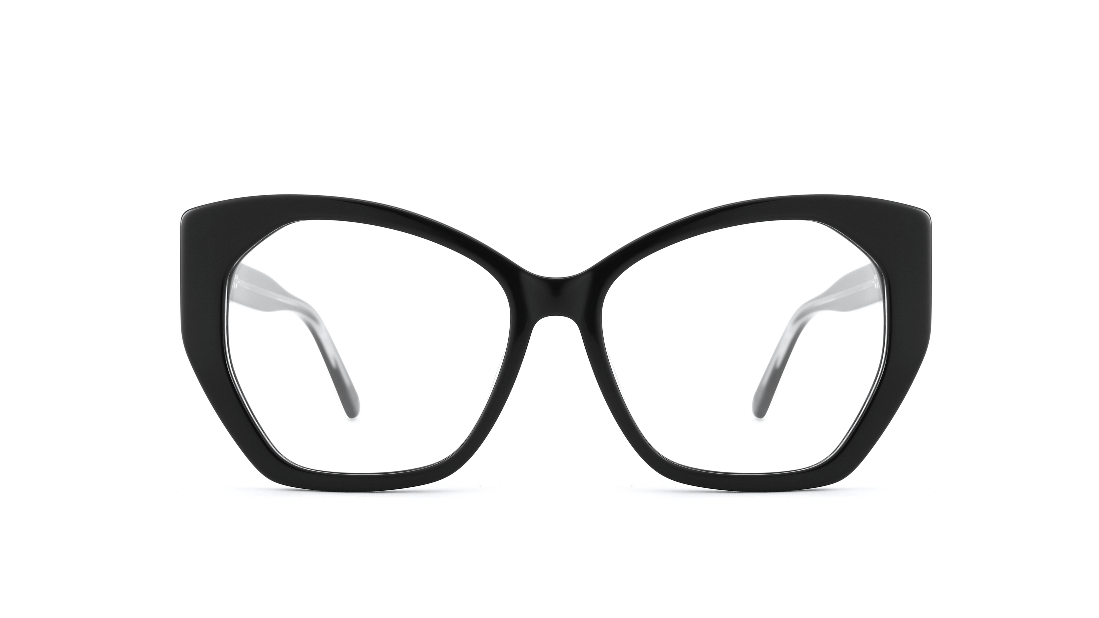 Black cat-eye eyeglass frames with clear lenses and light gray temple tips, shown against a plain white background.