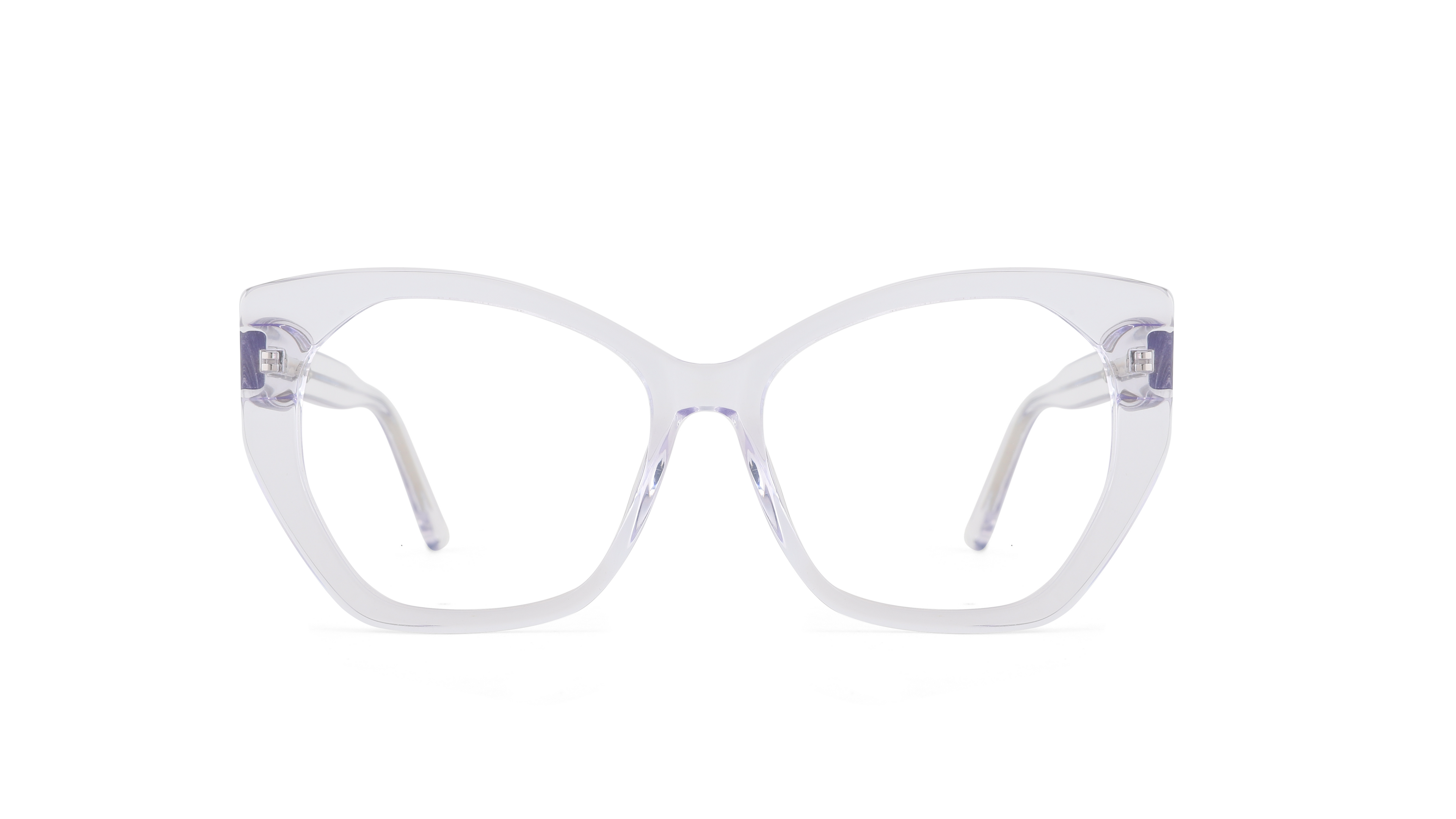 Clear acetate cat-eye eyeglasses with purple temple tips, shown from the front on a white background.