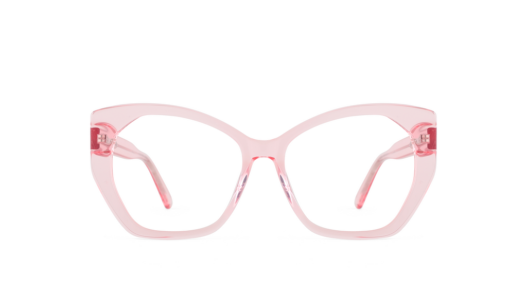 Light pink cat-eye eyeglasses with clear lenses and pink temple tips, shown against a plain white background.