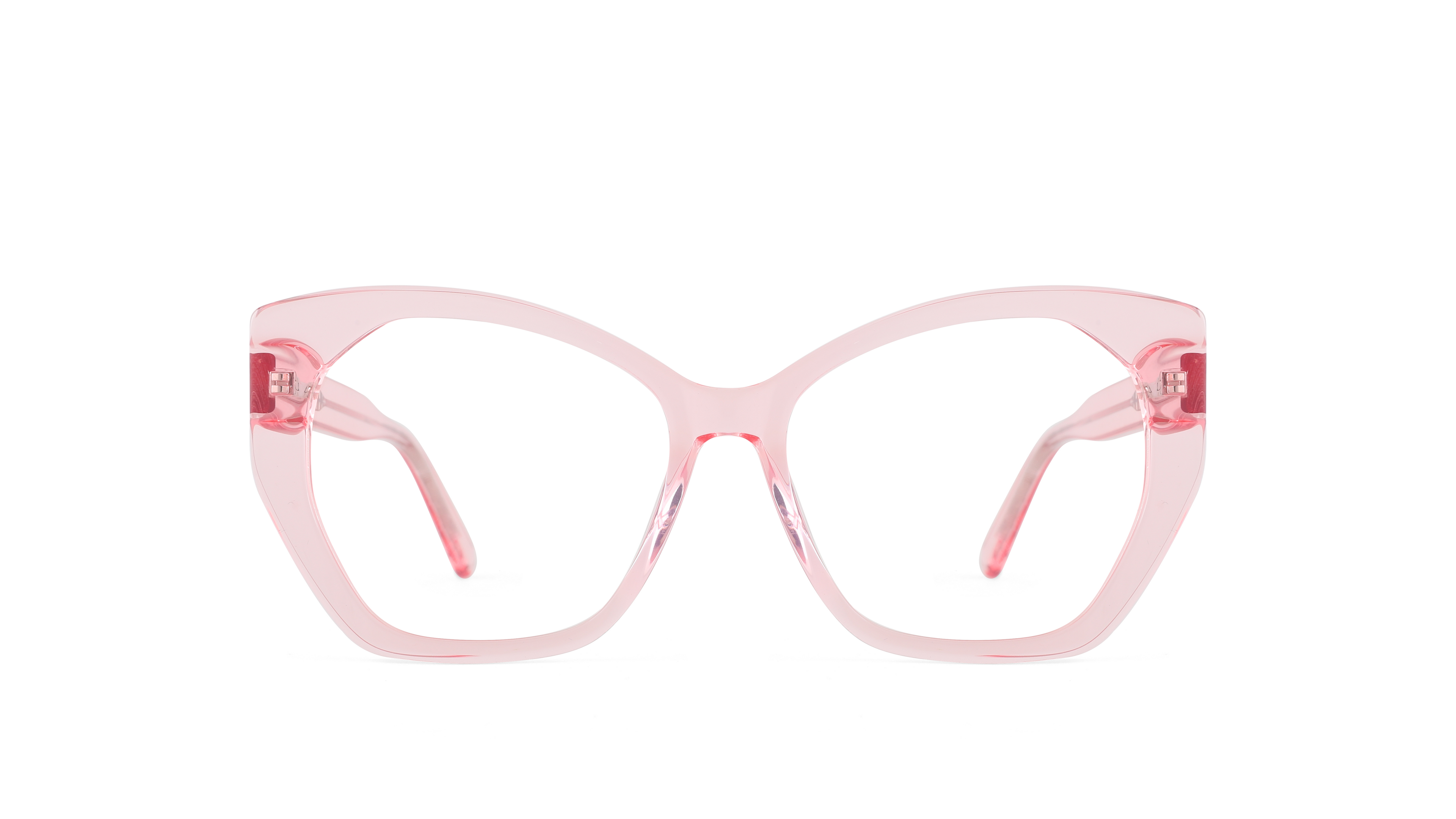 Light pink cat-eye eyeglasses with clear lenses and pink temple tips, shown against a plain white background.