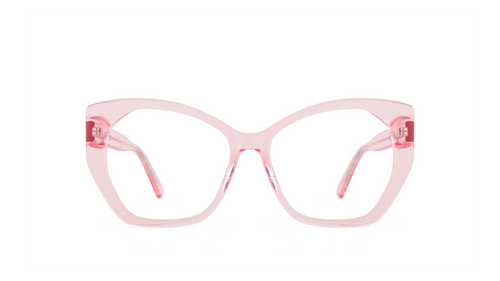 Light pink cat-eye eyeglasses with clear lenses and pink temple tips, shown against a plain white background.