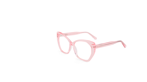 Light pink cat-eye eyeglasses with clear lenses, shown from a three-quarters angle on a solid white background.