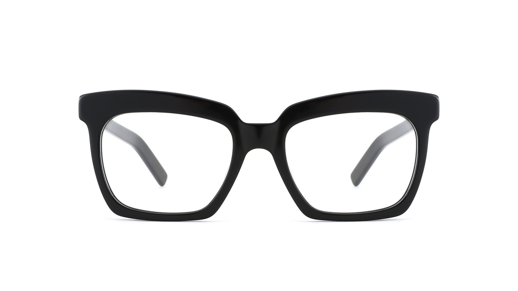Black oversized square eyeglass frames with clear lenses, shown from the front on a white background.