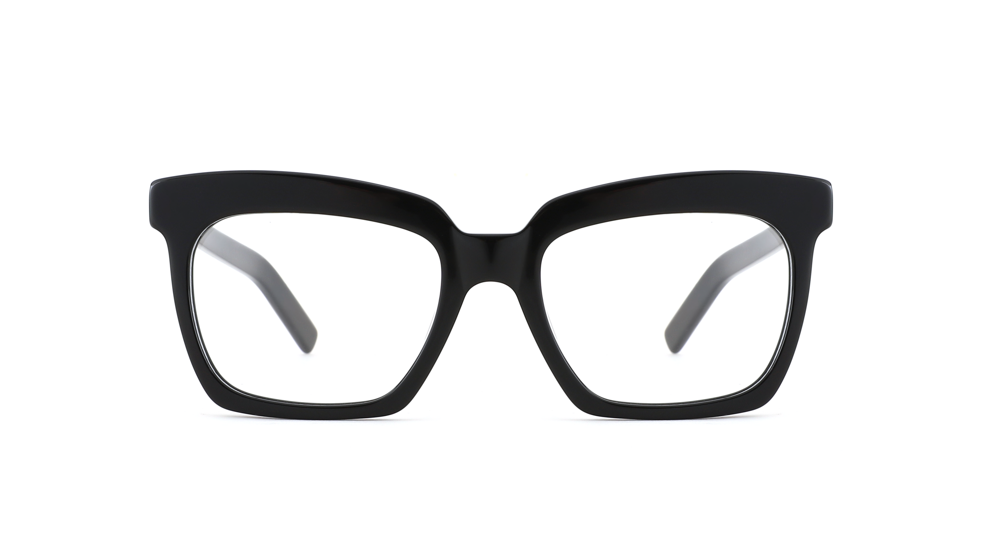 Black oversized square eyeglass frames with clear lenses, shown from the front on a white background.