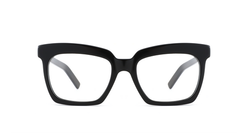 Black oversized square eyeglass frames with clear lenses, shown from the front on a white background.