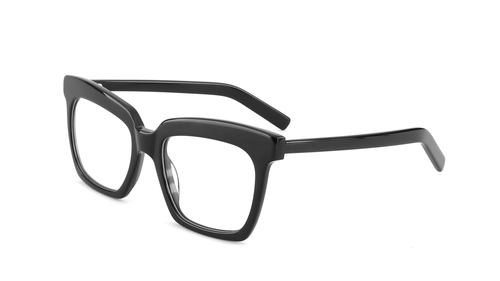 Black acetate square eyeglasses with clear lenses, shown at a three-quarter angle on a plain white background.