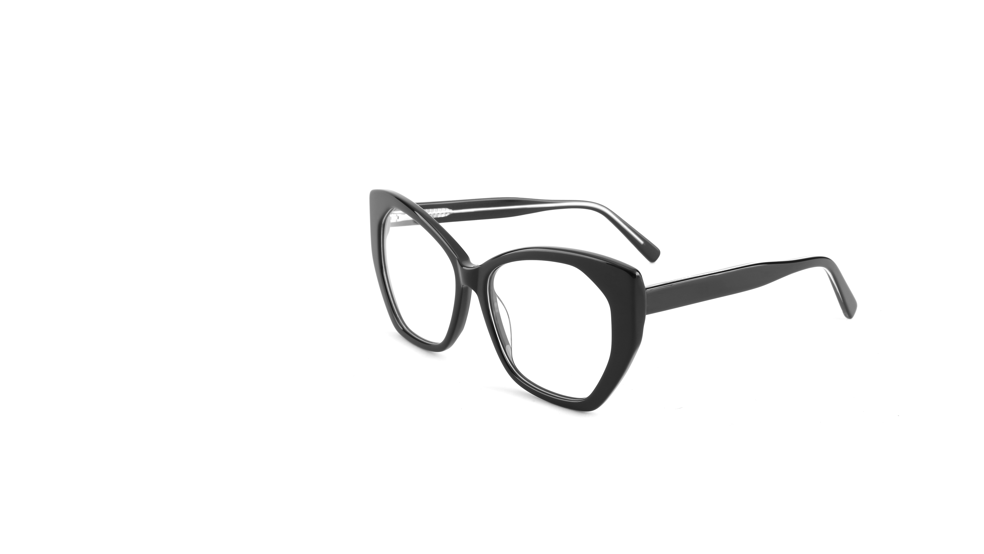Black cat-eye eyeglasses with clear lenses, shown at an angle on a solid white background.
