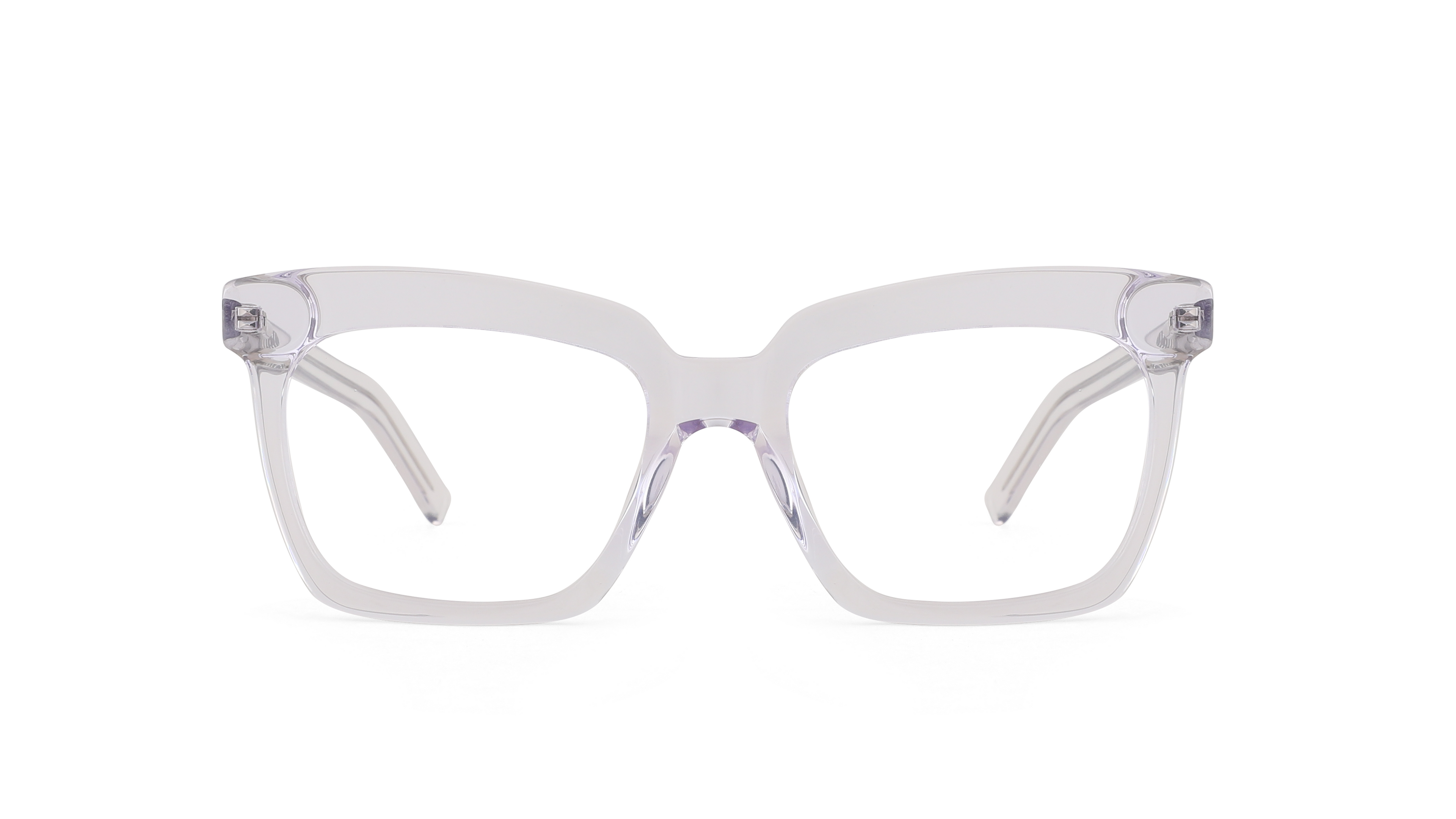 Clear acetate square eyeglasses frames with transparent lenses and subtle purple tinted inner temples, shown against a plain white background.