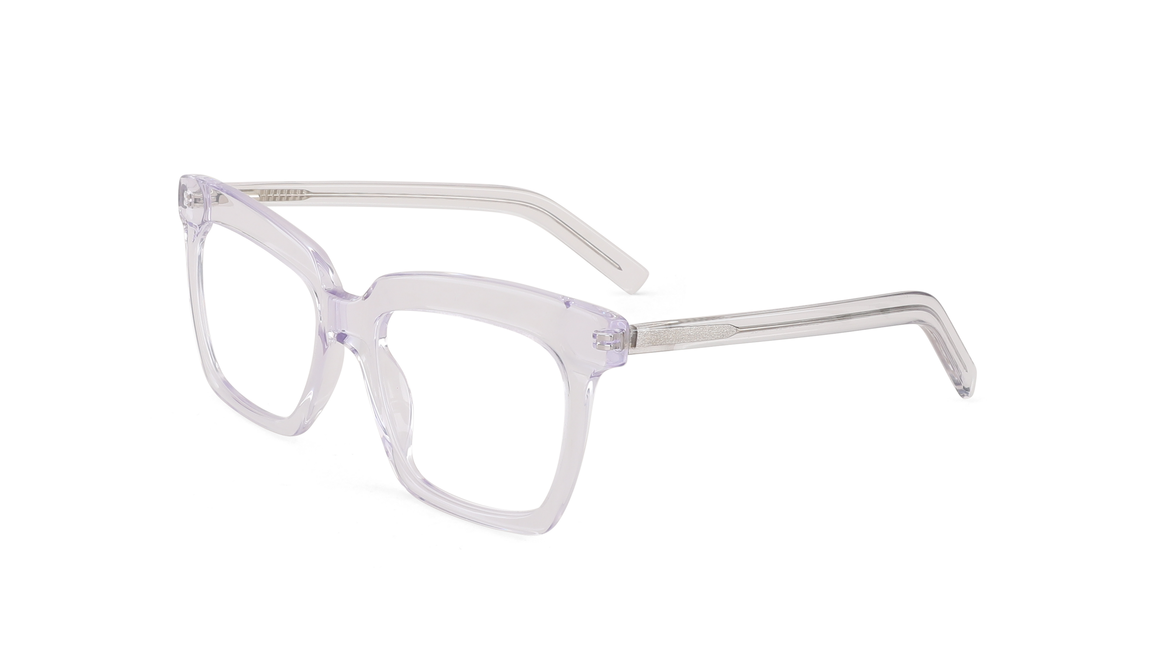 Clear acetate eyeglass frames with a square and rectangular design, shown on a plain white background.