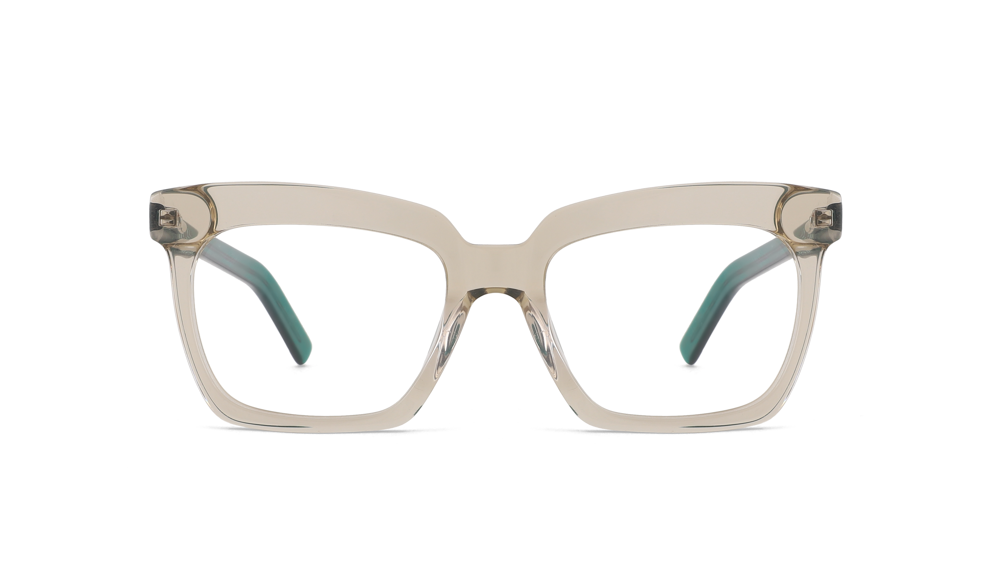 Rectangular eyeglass frames in a translucent light beige acetate with teal temple tips, shown against a plain white background.