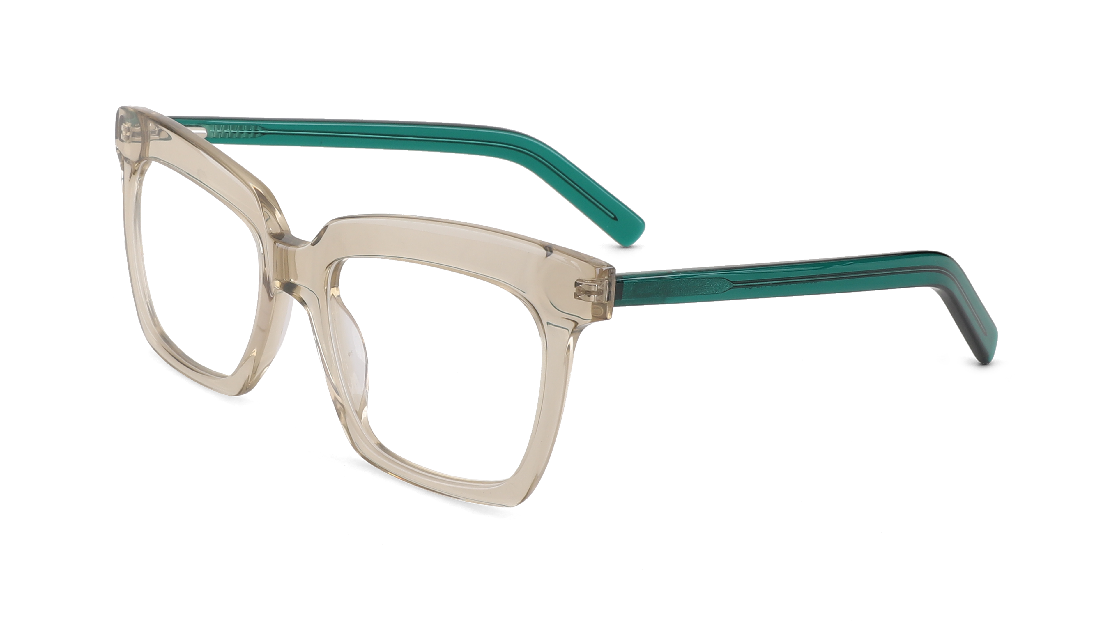A pair of oversized square eyeglasses with a translucent beige frame and dark teal arms, shown on a plain white background.