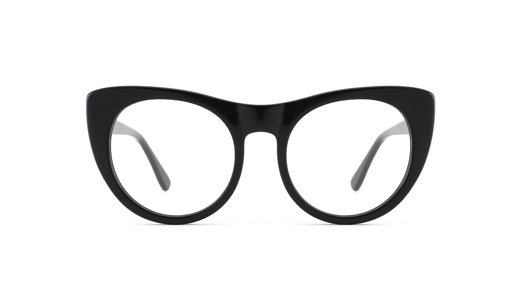 Black cat-eye eyeglasses with clear lenses, shown from the front on a solid white background.