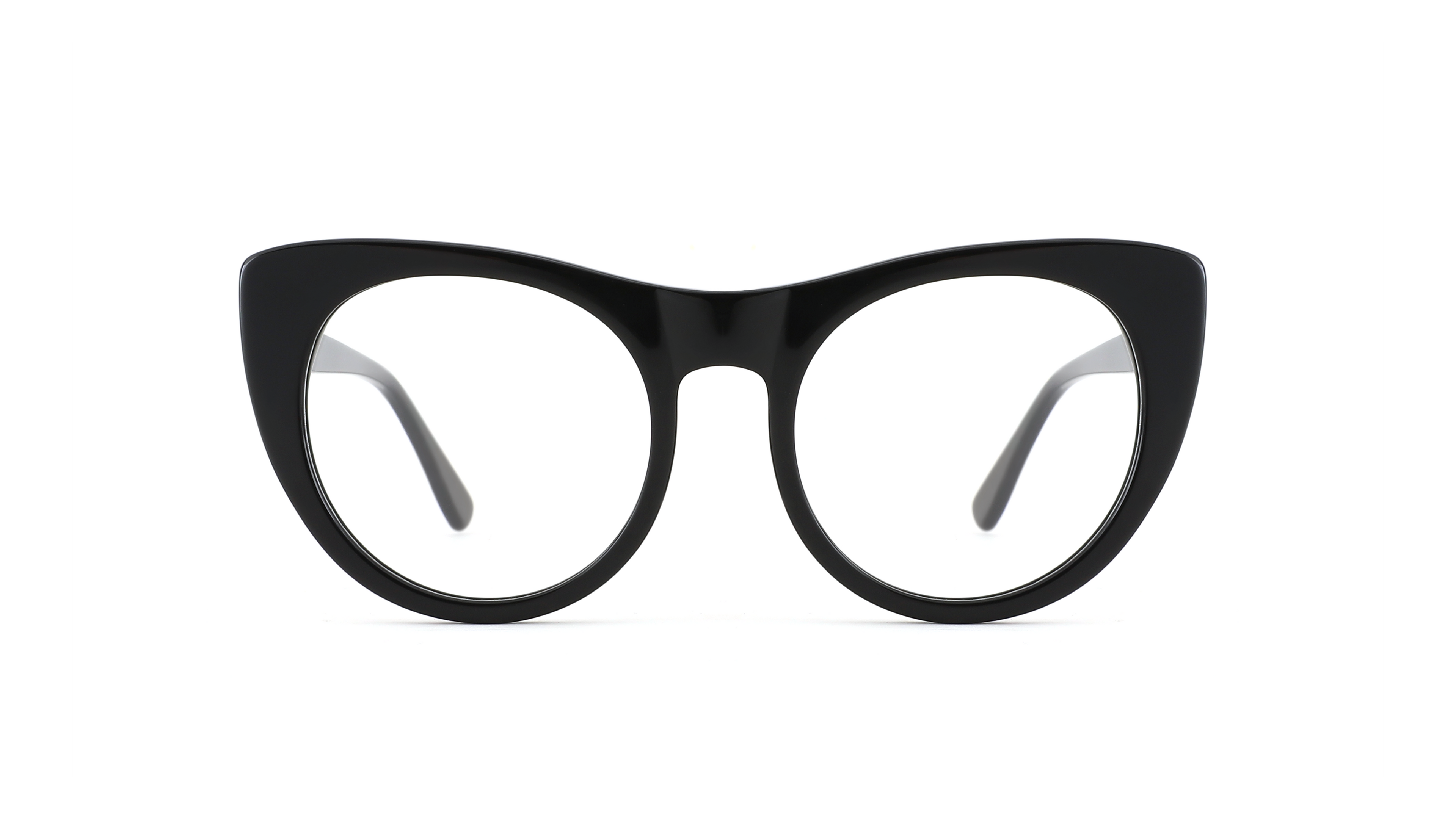 Black cat-eye eyeglasses with clear lenses, shown from the front on a solid white background.