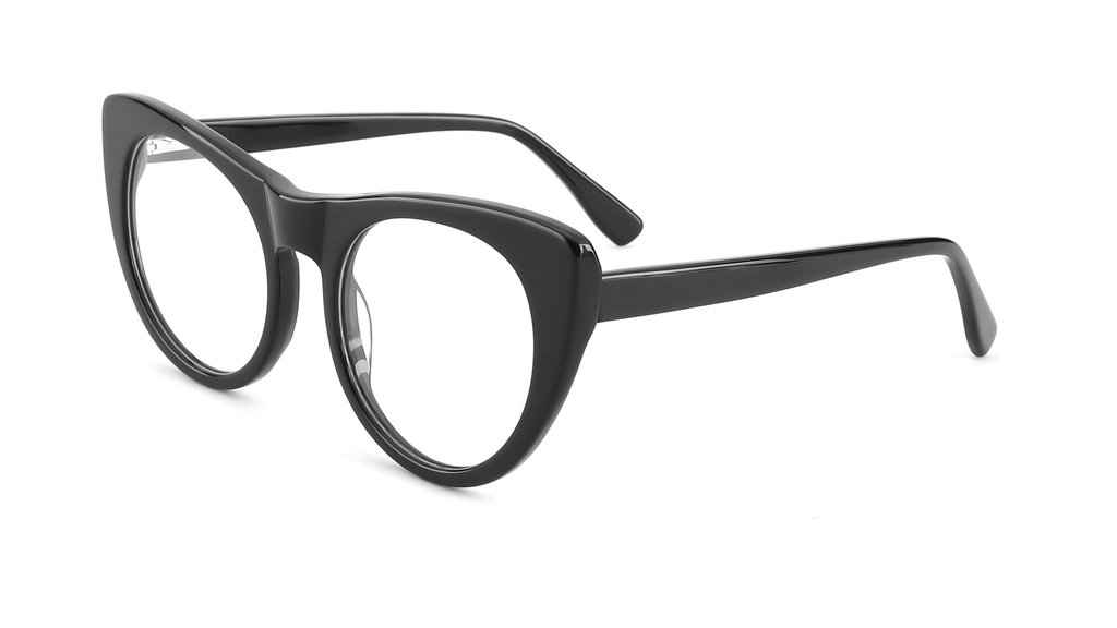 Black cat-eye eyeglasses with clear lenses, shown at a three-quarter angle on a white background.