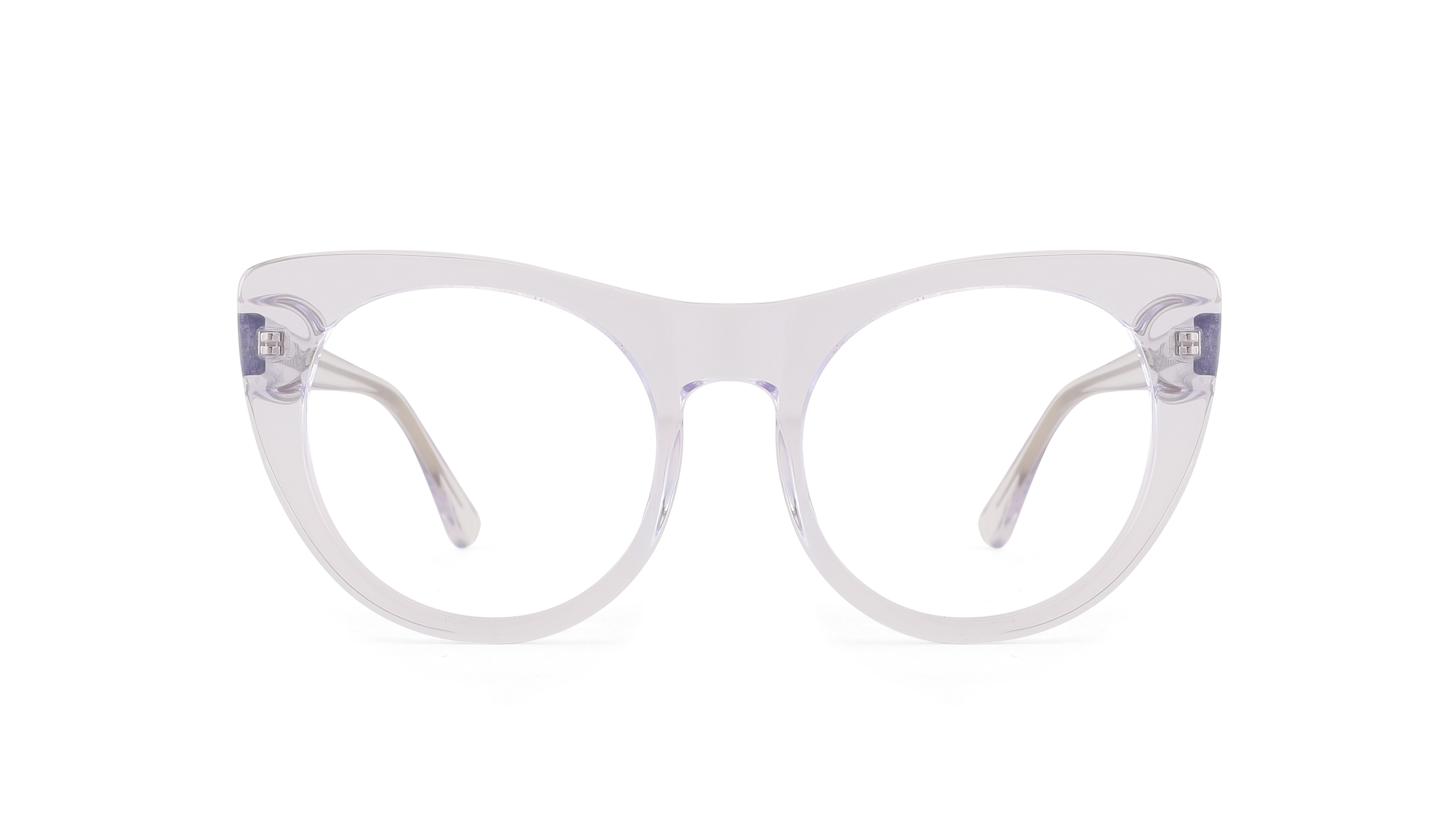 Clear acetate cat-eye eyeglasses frames with light purple temple tips, shown on a plain white background.
