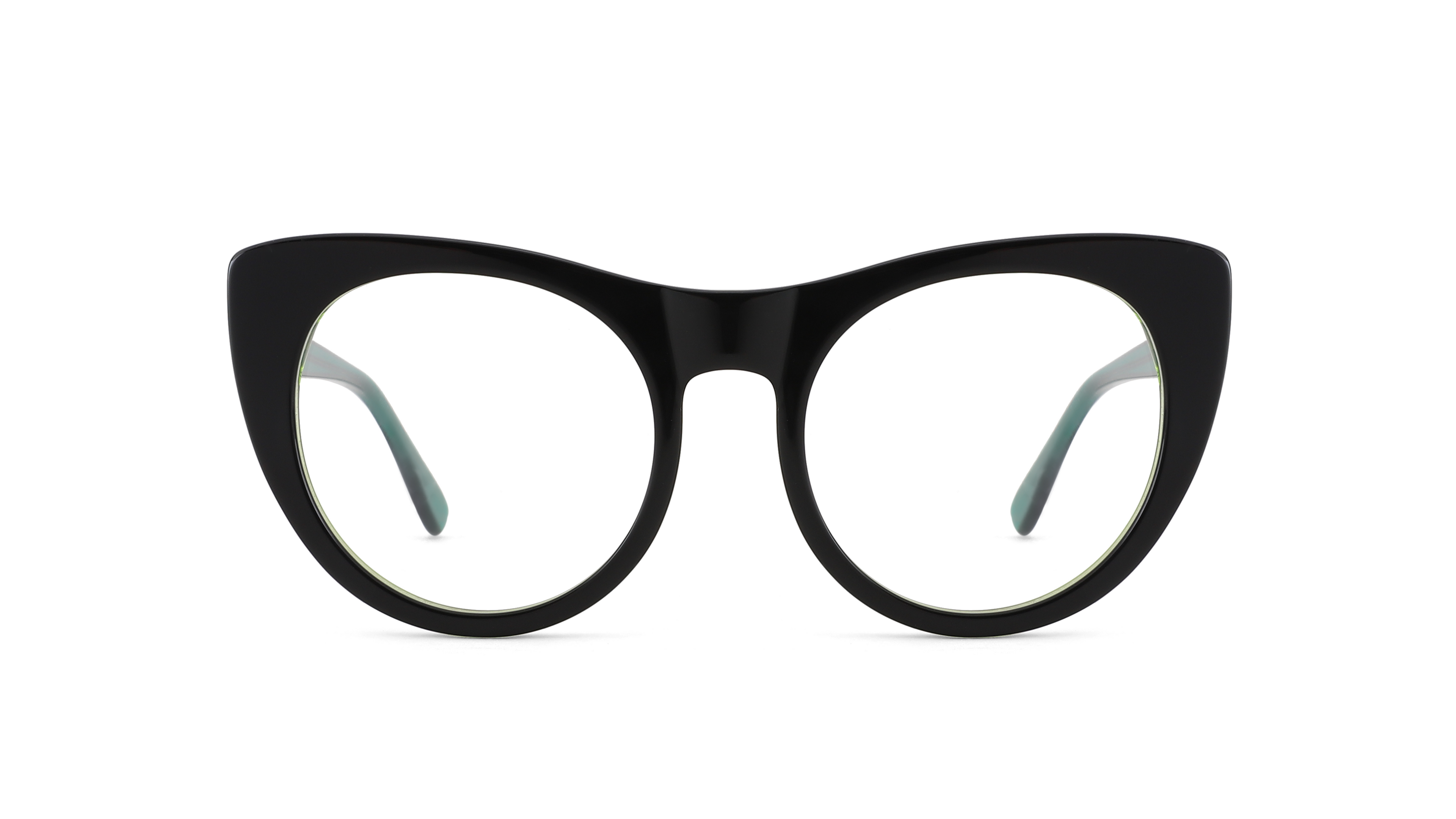 Black cat-eye eyeglasses with clear lenses and light teal inner temple tips, shown against a plain white background.