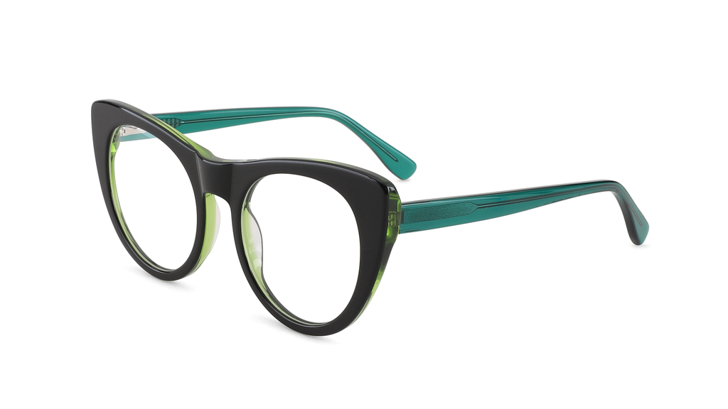 Cat-eye eyeglasses with a black front frame and translucent green temples, shown on a plain white background.