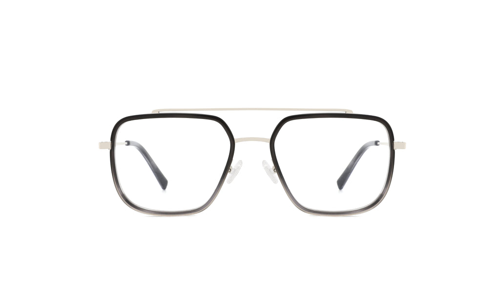 A pair of square aviator-style eyeglasses with a black acetate front, thin silver metal bridge and temples, and clear lenses, shown against a plain white background.