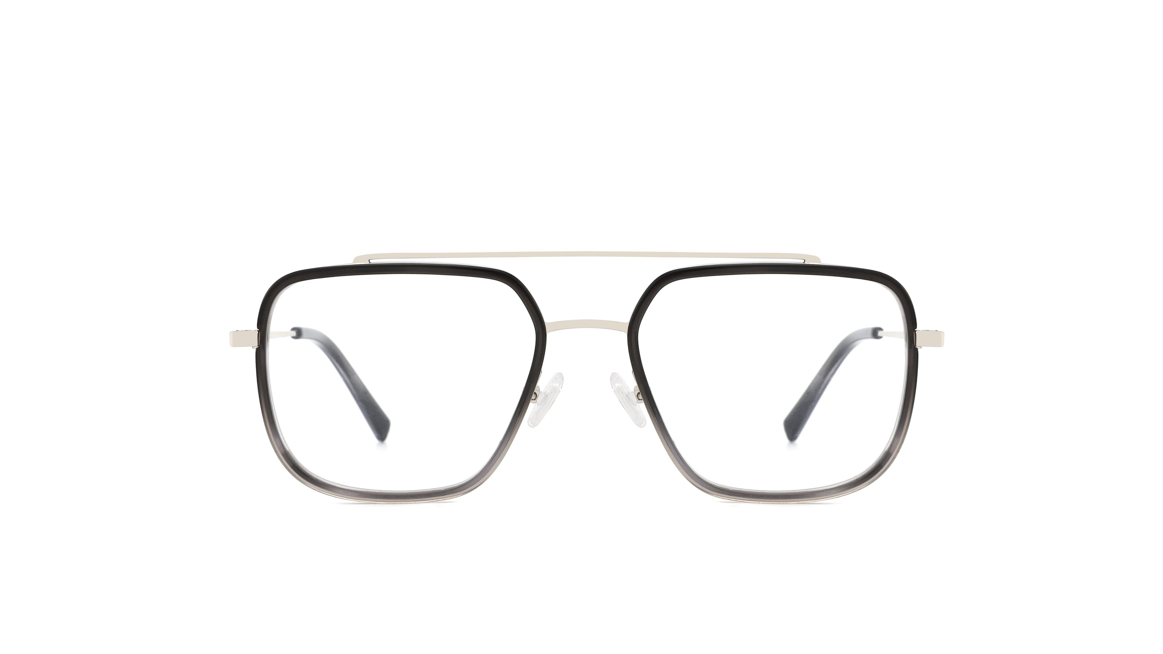 A pair of square aviator-style eyeglasses with a black acetate front, thin silver metal bridge and temples, and clear lenses, shown against a plain white background.