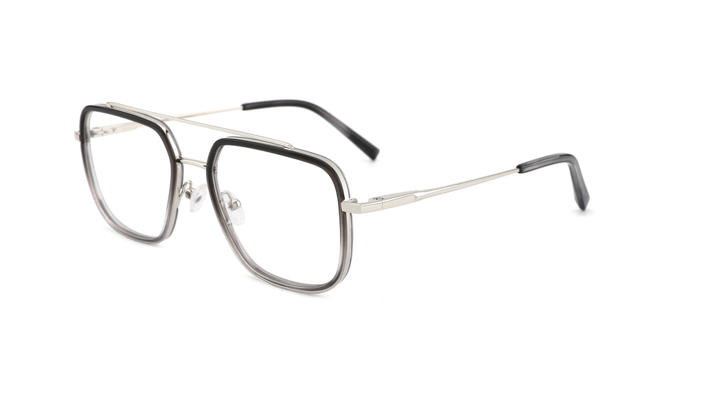 A pair of square aviator-style eyeglasses with a silver metal frame, clear lenses, and black temple tips, shown on a plain white background.