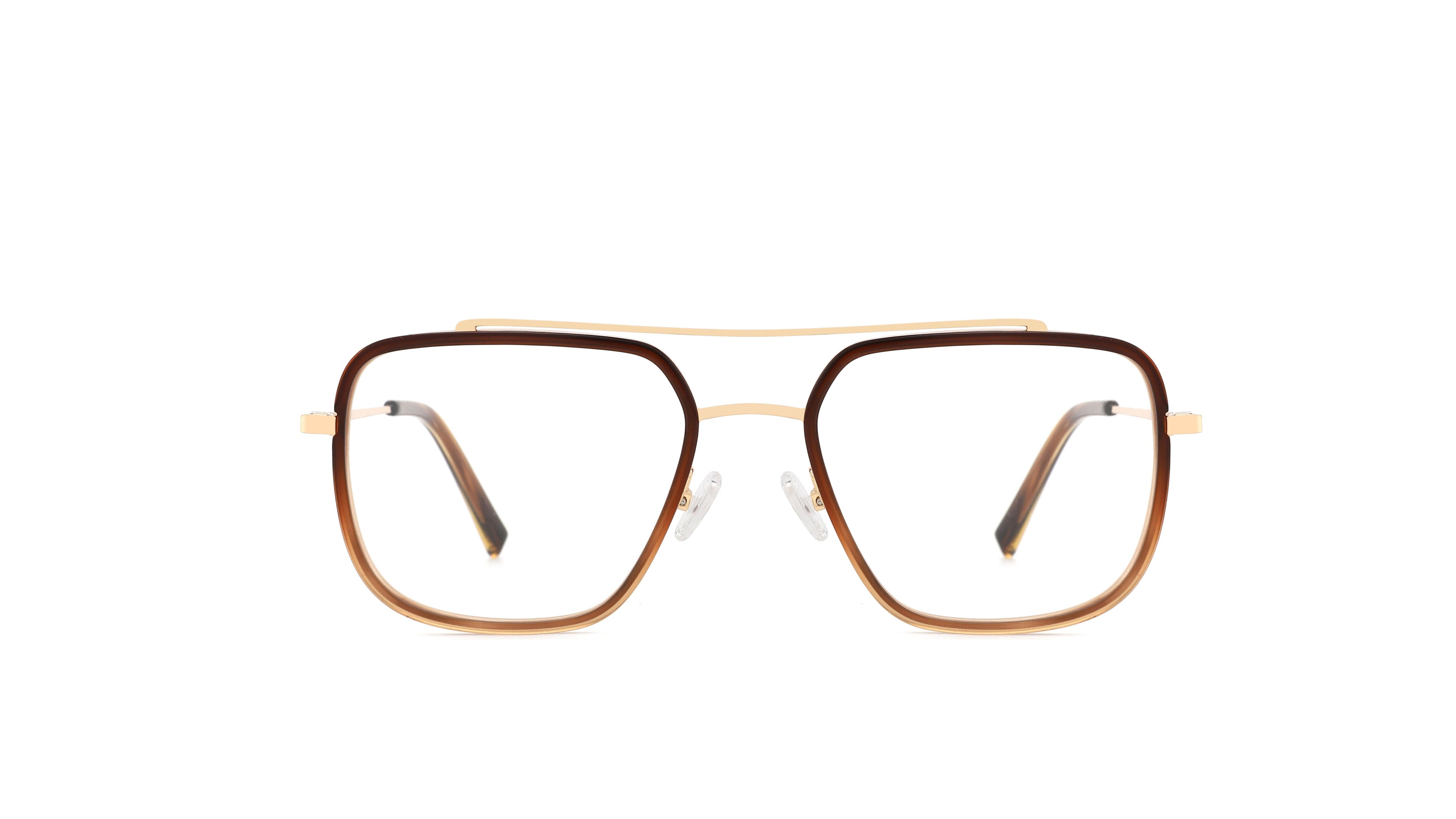 A pair of square aviator-style eyeglasses with a brown acetate frame and gold metal bridge and temples, shown against a plain white background.