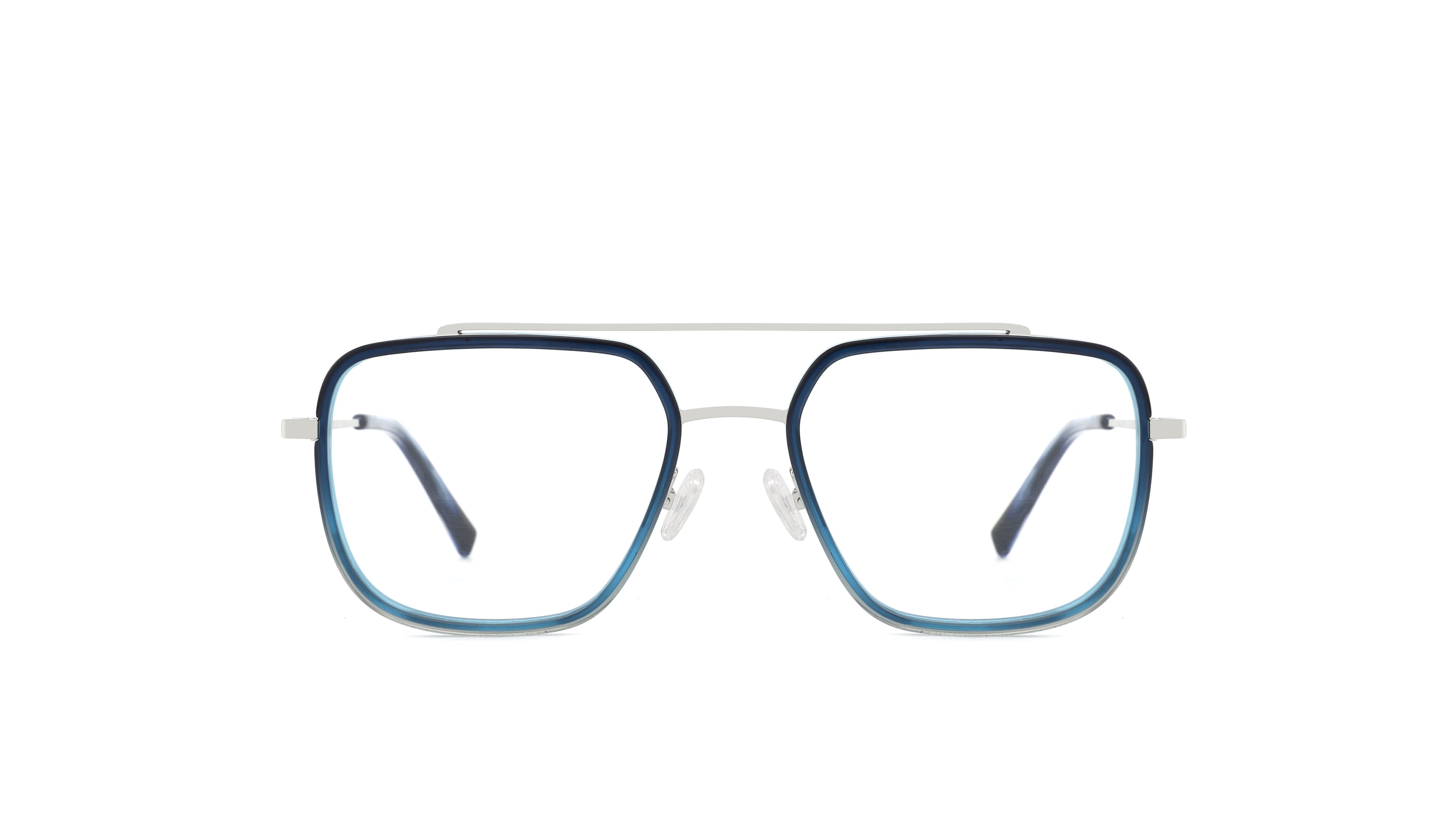 A pair of square aviator-style eyeglasses with a dark blue gradient frame and thin silver metal double bridge and temples, shown against a plain white background.