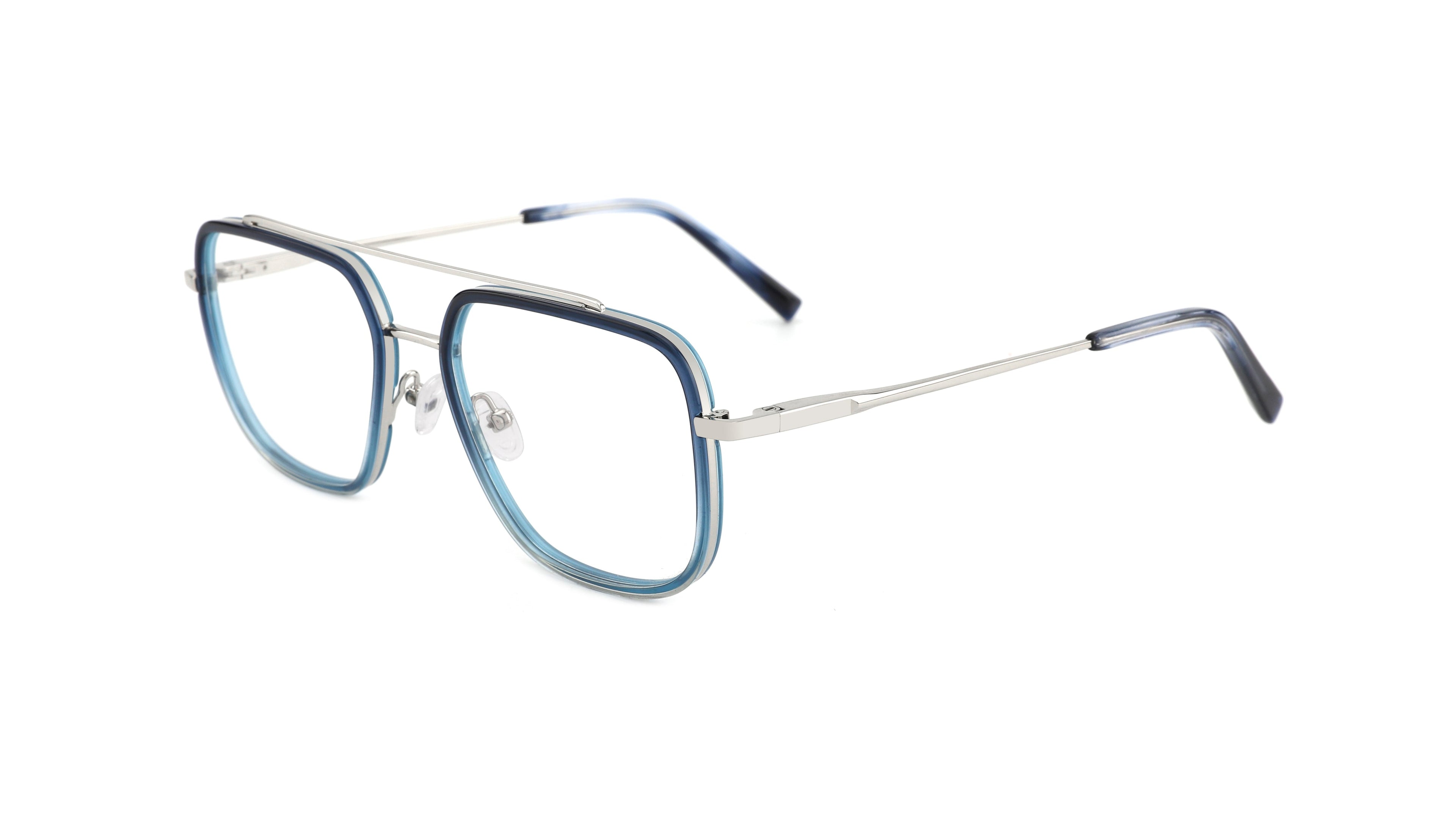A pair of square aviator-style eyeglasses with a silver metal frame and blue acetate trim, shown on a plain white background.