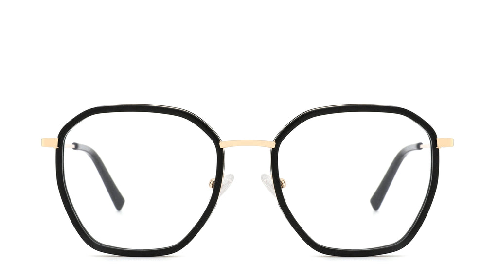 Black geometric eyeglass frames with gold metal bridge and temples, clear lenses, and black temple tips, shown against a plain white background.