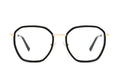Black geometric eyeglass frames with gold metal bridge and temples, clear lenses, and black temple tips, shown against a plain white background.